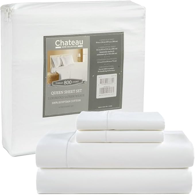 100% Egyptian Cotton Sheets Full Size Bed Set, 15" Deep Pocket Full Sheet Set, 800 Thread Count Cotton Sateen Weave Bed Sheets, Soft Breathable Fully Elasticated Luxury White Bedding For All Seasons