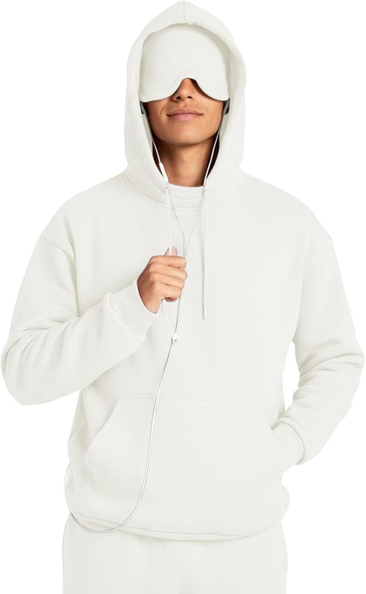Ainangua Mens Oversized Pullover Essentials Hoodie with Eye Mask Built In Comfor Airplane Mode Travel Sleep Wearable Blanket