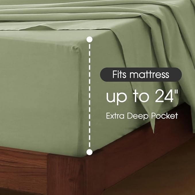 HYPREST 100% Cotton Percale Sheets Queen Size - 18-24 Extra Deep Pocket Bed Sheet Set Queen, Crisp & Breathable Cooling Bedding (Sage Green, Queen)