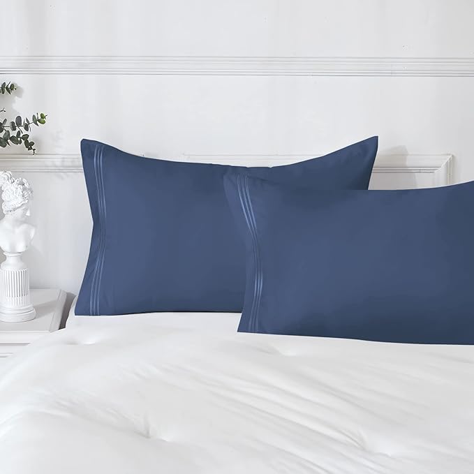 YIYEA Pillow Cases Queen Size Set of 4, Ultra Soft 1800TC Hotel Quality Double Brushed Microfiber Embroidered Pillowcases, Envelope Closure, Fade Resistant (20"x30", Denim)
