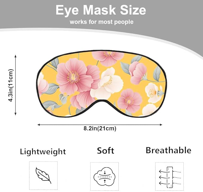 Floral Sleep Eye Mask Japanese Papaya Flowers Yellow Retro Theme Silk Eye Mask Sleeping Soft Eye Shade Cover for Men Women Boy Girl Airplane Travel with Elastic Strap