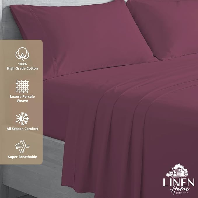 Linen Home 100% Cotton Percale Sheets Queen Size, Damson Berry, Deep Pocket, 4 Pieces Set - 1 Flat, 1 Deep Pocket Fitted Sheet and 2 Pillowcases, Crisp Cool and Strong Bed Linen