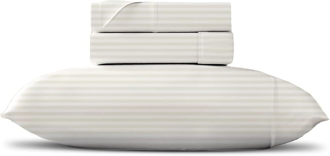 TEXAS LINEN CO. Luxury Egyptian Cotton Twin Size Sheet Set - Texan Talkin' Damask 600 Series 3 PC Deep Pocket Fitted and Flat Sheets, Extra Long Staple Sateen Bedding, Dorm Room Sheets - Ivory Stripe