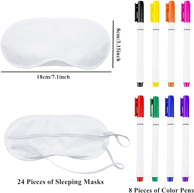 24 Pieces White Eye Mask Sleep Sublimation Coverings with 8 Pieces Fabric Marker Pens, Shade Blindfold Eye Masks for Sleeping Travel Team Game Sleepover Party Supply(White)