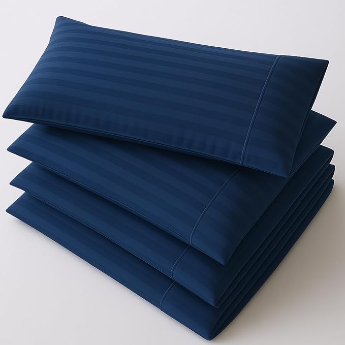 Mattress-Homes Hotel Quality Premium Pillowcases Queen Size Set of 4 Cotton Pillows for Sleeping, Smooth & Silky Cozy Breathable Bed Pillow Covers Machine Washable in Navy Blue Stripe