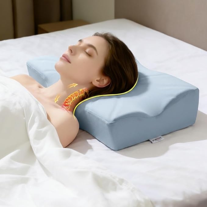 DOBUONO Cervical Neck Pillow - Side Sleeper Pillow for Neck Pain Relief, Odorless Memory Foam Pillow with Cooling Cover & Dual Height, Ergonomic Contour for Neck & Shoulder Support, Blue