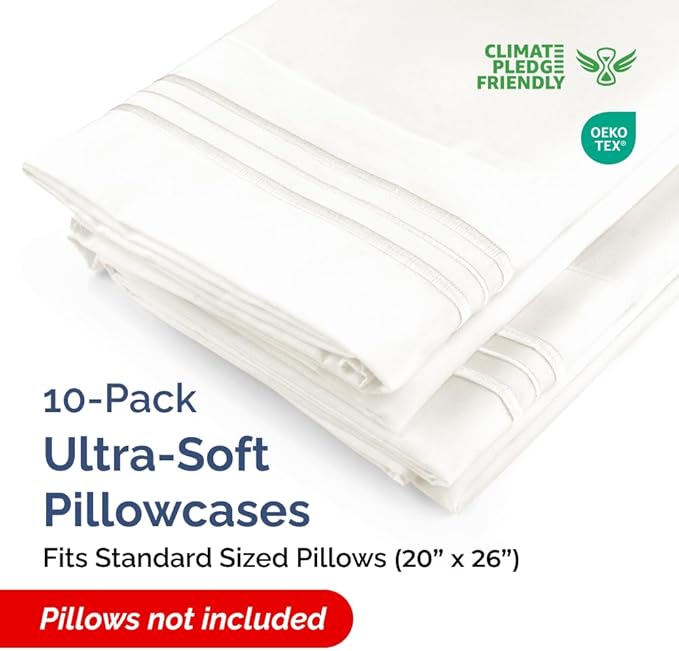 Standard Pillow Cases Set of 10 - Ultra Soft Hotel Quality Pillowcase Covers - Comfy & Wrinkle Free - Shrink, Stain and Fade Resistant - Machine Washable Pillow Protectors - 10 Pcs Set - Antique White