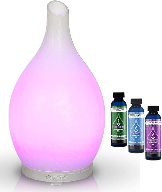 AROMAR Ultrasonic Oil Diffuser, Cool Mist Humidifier with top 3 Aromatic Oils for Aromatherapy Essential Oils, Novelty Design, 360 Degree Rotating Glass Decanter, 7 LED Colors, & auto Shut-Off 100ml.