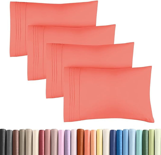King Standard Pillow Cases Set of 4 - Soft Hotel Quality Pillowcase Covers - Comfy Bedding for Women, Men, Kids & Teens - Machine Washable Pillow Protectors - 4 Piece Set - King Standard Size Coral