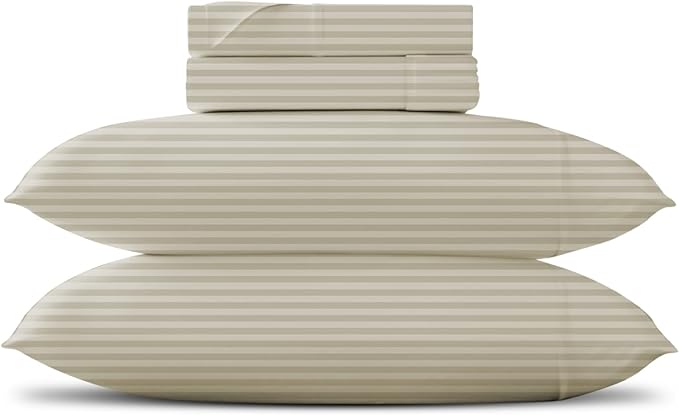 TEXAS LINEN CO. Luxury Egyptian Cotton 4 Piece Full Size Sheet Set - Texan Talkin' Damask 600 Series Deep Pocket Fitted and Flat Sheets, Cooling Extra Long Staple Sateen Hotel Bedding - Beige Stripe