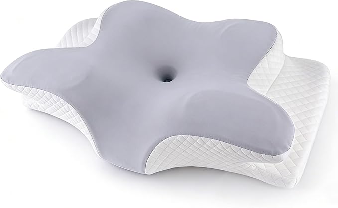 Memory Foam Neck Pillow - Adjustable Orthopedic Contour Pillow for Neck & Shoulder Support, Odorless, Side Back Stomach Sleeper Friendly, Enhanced Spinal Alignment - Light Grey
