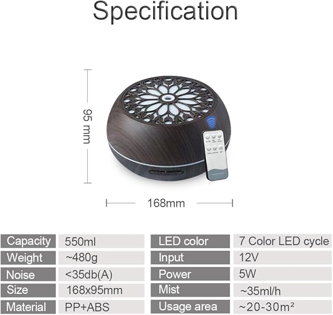 550ml Cool Mist Humidifier & Aroma Diffuser | 6 Essential Oils, Soundwave Technology, Remote Control, USB-Powered, Pre-Filter System & Stylish Pink Floral Design for Bedroom, Office, Living Roo
