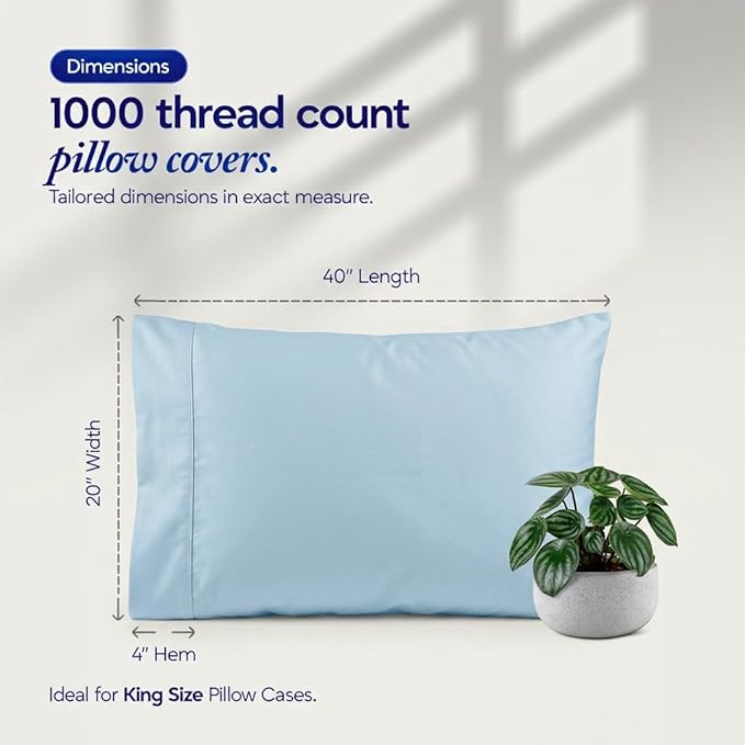 1000 TC Pillowcases Set of 2 100% Egyptian Cotton Pillow Cases with Long Staple Cotton & Sateen Weave, Silky Soft Hotel Like Bed Pillow Covers, Snug Fit (Light Blue, 2 Pc King)