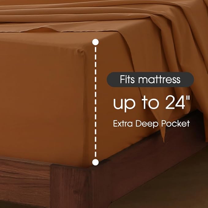 HYPREST Extra Deep Pocket Cal King Sheet Sets Fits 18"-24" in Deep Mattress -100% Cotton California King Sheet Set, Burnt Orange Hotel Luxury Soft Sheet Sets Breahtable No Slipping
