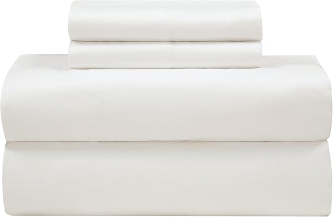 ROYALE LINENS Bamboo Viscose Queen Sheet Set - Cooling Bed Sheet Set - 1 Fitted, 1 Flat & 2 Pillowcase - Fits Up to 16" - Organic Viscose Derived from Bamboo - Bedding Sheet Set (Queen, Bright White)