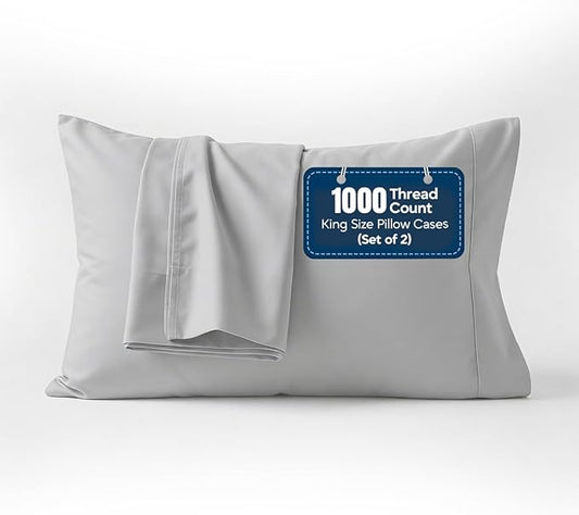 1000 TC Pillowcases Set of 2 100% Egyptian Cotton Pillow Cases with Long Staple Cotton & Sateen Weave, Silky Soft Hotel Like Bed Pillow Covers, Snug Fit (Light Gray, 2 Pc King)