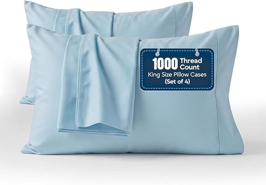 1000 TC Pillowcases Set of 4 100% Egyptian Cotton Pillow Cases with Long Staple Cotton & Sateen Weave, Silky Soft Hotel Like Bed Pillow Covers, Snug Fit (Light Blue, 4 Pc King)