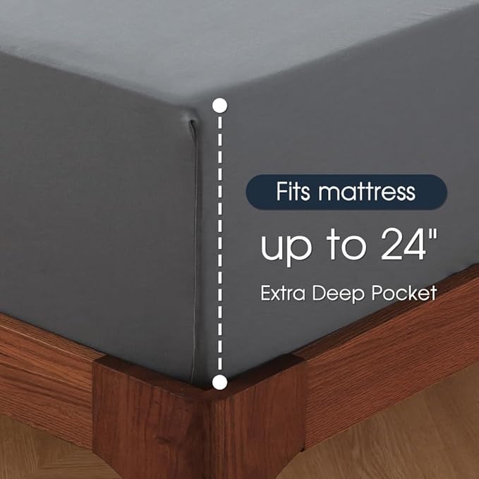 HYPREST Extra Deep Pocket King Sheet Sets Fits 18"-24" in Deep Mattress -100% Cotton King Sheet Set,Grey Hotel Luxury Soft Wrinkle Free Cooling Sheet Sets for King Bed Deep Pocket