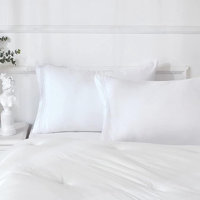 YIYEA Pillow Cases Queen Size Set of 4, Ultra Soft 1800TC Hotel Quality Double Brushed Microfiber Embroidered Pillowcases, Envelope Closure, Fade Resistant (20"x30", White)