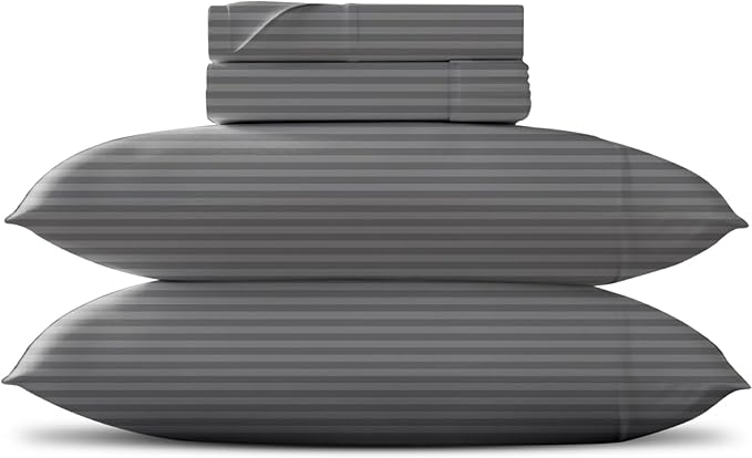 TEXAS LINEN CO. Luxury Egyptian Cotton King Size Sheet Set - Texan Talkin' Damask 600 Series 4 PC Deep Pocket Fitted and Flat Sheets, Cooling Extra Long Staple Sateen Hotel Bedding - Dark Grey Stripe