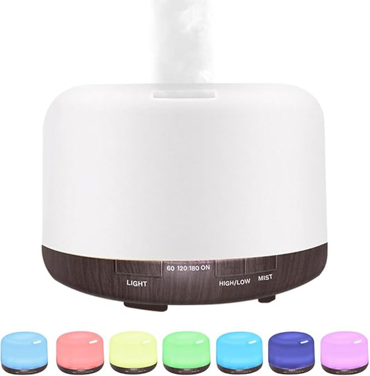 500ml Essential Oil Diffuser,Quiet 4-in-1 Ultrasonic Aromatherapy Humidifier,7 Color LED Lights,Timer & Auto-Off,BPA Free,Large Capacity Room Fragrance(Deep Woodgrain, Mini Model)