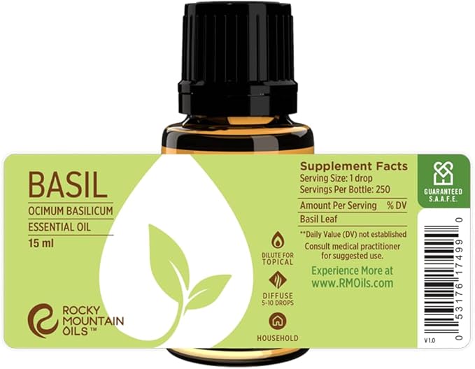 Rocky Mountain Oils - Basil Essential Oil 15ml - Essential Oil Kit Includes, Citrus Purify, & First Aid, for Diffuser