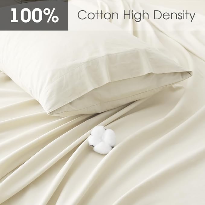 HYPREST 100% Cotton Percale Sheets Queen Size - 18-24 Extra Deep Pocket Bed Sheet Set Queen, Crisp & Breathable Cooling Bedding (Ivory)