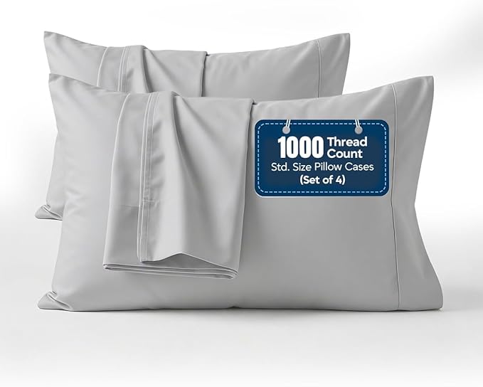 1000 TC Pillowcases Set of 4 100% Egyptian Cotton Pillow Cases with Long Staple Cotton & Sateen Weave, Silky Soft Hotel Like Bed Pillow Covers, Snug Fit (Light Gray, 4 Pc Standard/Queen Pillowcases)