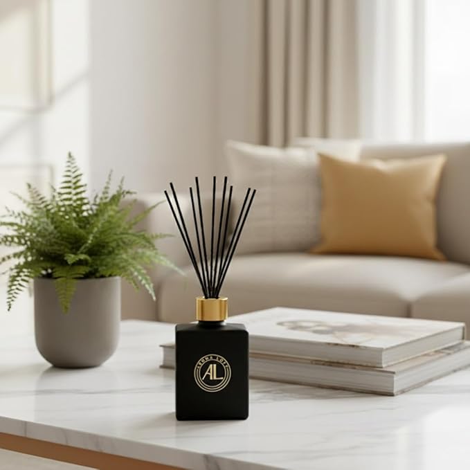 Reed Diffuser - Fragrance Diffuser for Home - 5 oz. Oil Diffuser Sticks - Bathroom Diffuser Set- Oil Diffuser Reeds - Scent Sticks in Oil-Office Smell Good Stuff (Black, Rustic Amber)