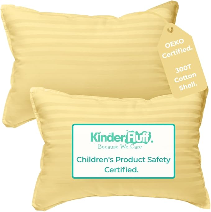 kinder Fluff Toddler Pillow 2X–Certified Hypoallergenic Award Winning Baby Pillow (no Pillowcase Needed) 300TC Pure Cotton Shell and Down Alternative Fill. Toddler Bedding Kids Pillow 4+ Yellow
