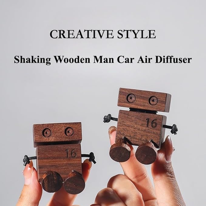 Car Air Diffuser - 2-in-1 Cute Shaking Wooden Man Figurine & Refillable Aroma Vent Clip Walnut Wood Odor Eliminator Essential Oil Air Freshener, Car Dashboard Accessories Fun Decor Gift for Driver