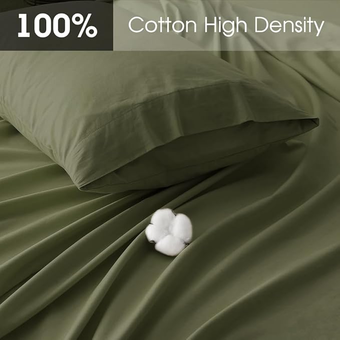 HYPREST Deep Pocket Queen Sheet Sets Fits 18"-24" in Deep Mattress -100% Cotton Queen Sheet Set,Green Hotel Luxury Soft Wrinkle Free Cooling Sheet Sets for Queen Bed