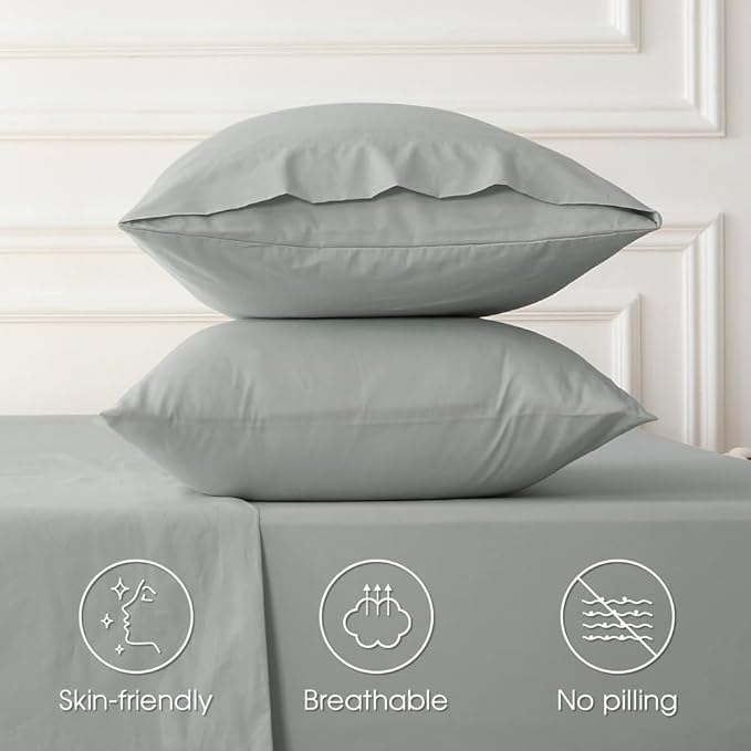 HYPREST Extra Deep Pocket Queen Sheet Sets Fits 18"-24" in Thick Mattress -100% Cotton Queen Sheet Set,Light Grey Sheets Soft Wrinkle Free Cooling Sheet Sets for Queen Bed Deep Pocket