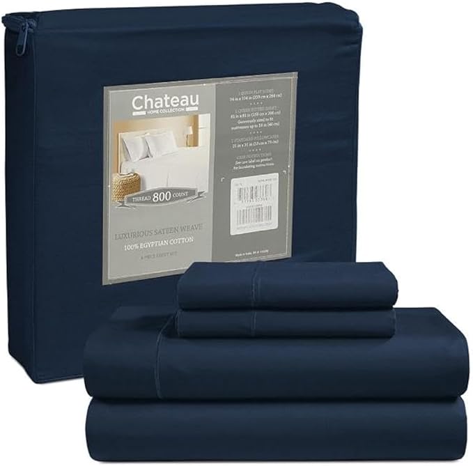 100% Egyptian Cotton Sheets For California King Size Bed, 800TC Sateen Weave CalKing Sheet Set, 15" Deep Pocket Elasticated Sheet & Pillowcase Sets, Soft, Cool, & Breathable - Dark denim