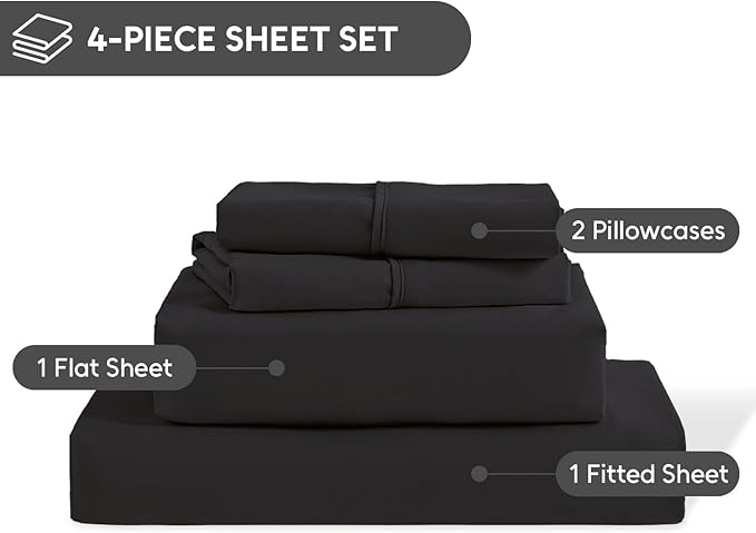 King Size Sheets Set, 4 Pieces Hotel Luxury Soft Microfiber Bed Sheets Set, Up to 16" Deep Pockets, Oeko-Tex Sheets with Elastic, Breathable, Wrinkle Free(Black,King)