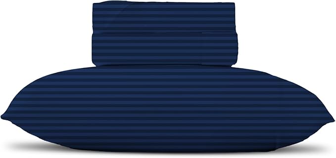 TEXAS LINEN CO. Luxury Egyptian Cotton Twin Size Sheet Set - Texan Talkin' Damask 600 Series 3 PC Deep Pocket Fitted and Flat Sheets, Extra Long Staple Bedding, Dorm Room Sheets - Navy Blue Stripe
