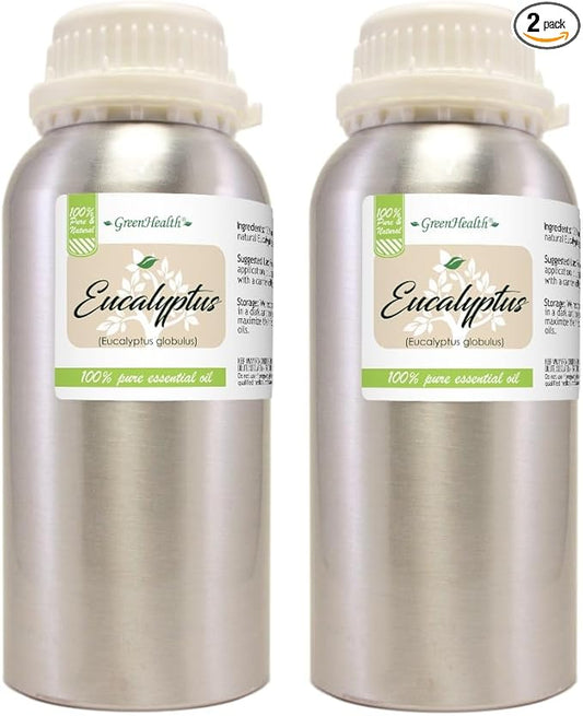 2 Bottles – GreenHealth Eucalyptus Essential Oil – 16 fl oz Each (32 fl oz Total) – 100% Pure & Uncut – Bulk Aromatherapy Oil in Aluminum Bottles – for Diffuser, Cleaning, DIY, Home Fragrance