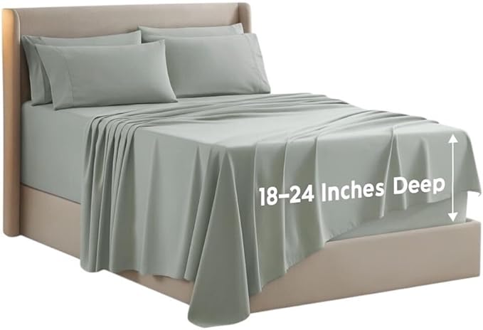 Nestl Extra Deep Split King Sheet Set - 7 Piece Breathable & Cooling Sheets - Hotel Luxury Bedding Set w/18-24 Inch Deep Pockets - Easy & Secure Fit - Super Soft, Wrinkle Free & Comfy - Sage Green