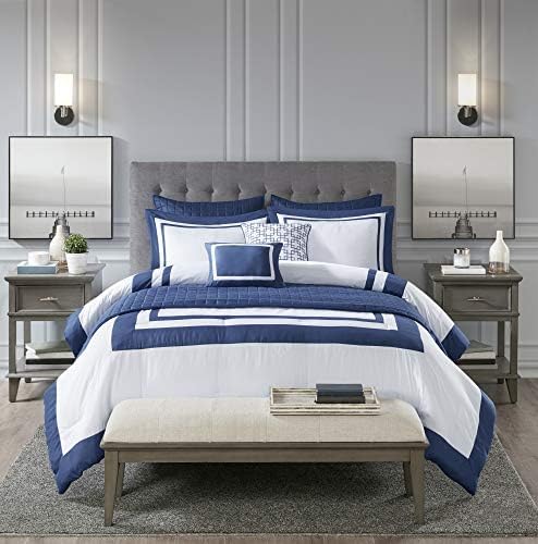 Madison Park Heritage Comforter Quilt Combo Set - Modern Luxury Design, All Season Down Alternative Bedding, Matching Shams, Decorative Pillows, King/Cal King(104"x92"), Color Block Navy 8 Piece