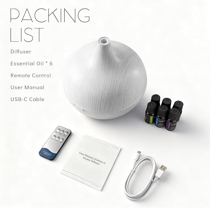 550ml Essential Oil Diffusers with Remote Control, Ultrasonic Oil Diffuser with Timer，7 Color LED Night Light and Waterless Auto-Off Functions for Home, Spa White Wood Grain