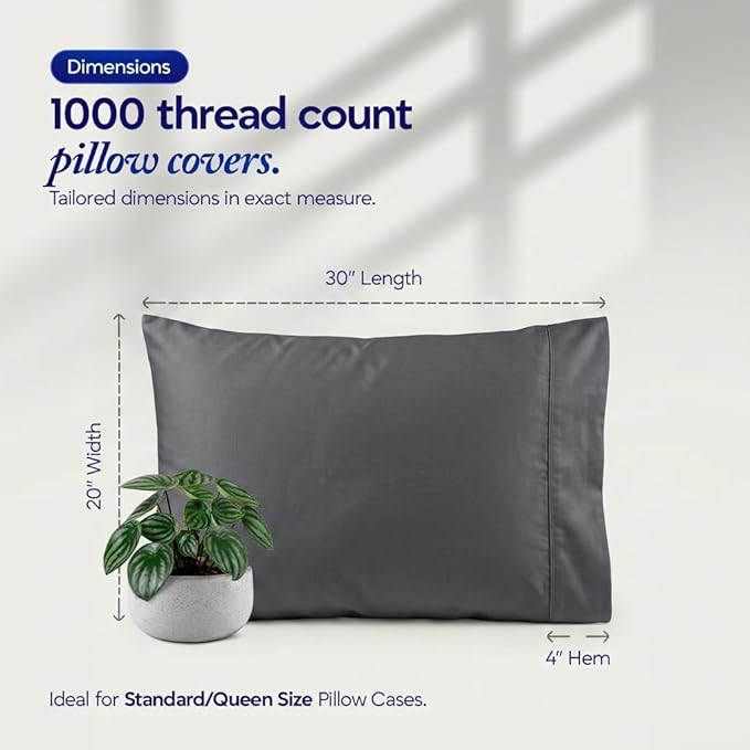 1000 TC Pillowcases Set of 4 100% Egyptian Cotton Pillow Cases with Long Staple Cotton & Sateen Weave, Silky Soft Hotel Like Bed Pillow Covers, Snug Fit (Dark Gray, 4 Pc Standard/Queen Pillowcases)