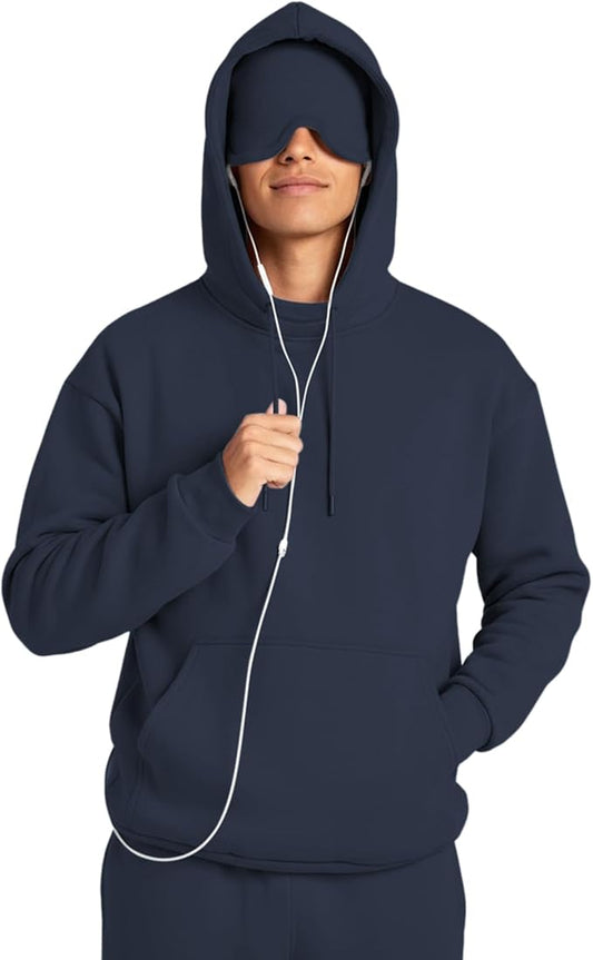 Ainangua Mens Oversized Pullover Essentials Hoodie with Eye Mask Built In Comfor Airplane Mode Travel Sleep Wearable Blanket