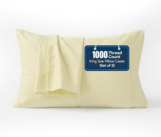 1000 TC Pillowcases Set of 2 100% Egyptian Cotton Pillow Cases with Long Staple Cotton & Sateen Weave, Silky Soft Hotel Like Bed Pillow Covers, Snug Fit (Ivory, 2 Pc King)
