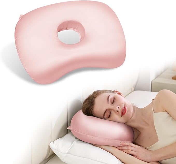 Ear Piercing Hole Pillows Side Sleeper Pillow with an Ear Hole for CNH Side Sleepers and Ear Inflammation Pressure Sores, Adjustable Cotton and Polyester Curved Side Pillow, Light Pink Silk