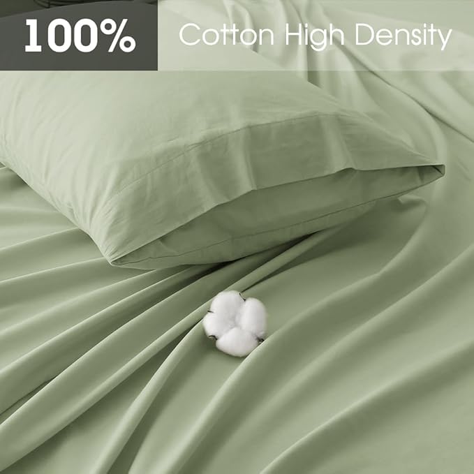 HYPREST 100% Cotton Percale Sheets Queen Size - 18-24 Extra Deep Pocket Bed Sheet Set Queen, Crisp & Breathable Cooling Bedding (Sage Green, Queen)