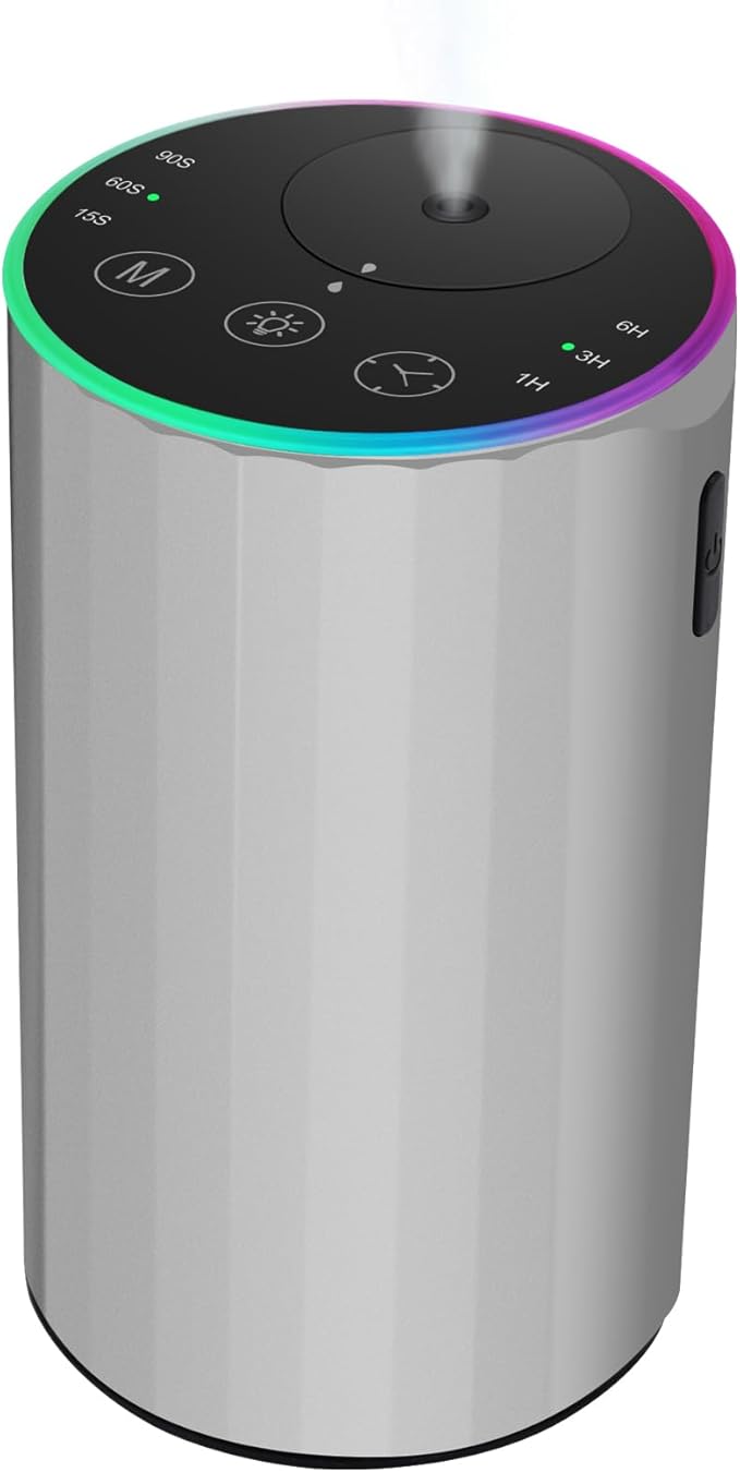 Waterless Essential Oil Diffuser, 7 Colors LED Light, Battery Powered Mini Scent Air Machine, Aromatherapy Mist Diffuser for Home Room Car Office，Black Aluminum Alloy (Silver-LED)