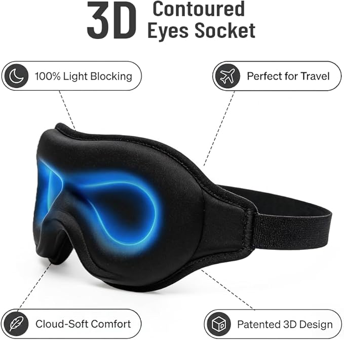 3D Cooling Sleep Mask, 100% Blackout Eye Mask for Side & Light Sleepers, Zero-Pressure Adjustable Blindfold for Travel, Naps & Shift Work (Black)