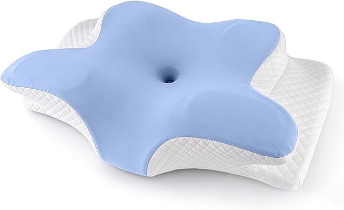 Memory Foam Neck Pillow - Adjustable Orthopedic Contour Pillow for Neck & Shoulder Support, Odorless, Side Back Stomach Sleeper Friendly, Enhanced Spinal Alignment - Light Blue