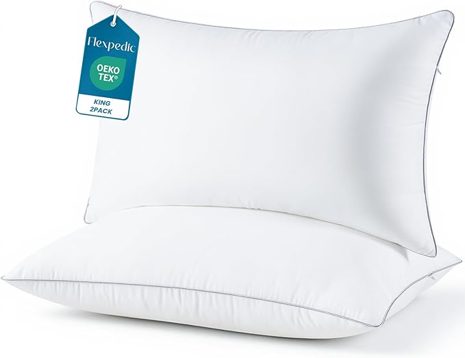 FP FLEXPEDIC Adjustable Bed Pillows for Sleeping - King Size Pillows 2 Pack, Soft & Fluffy Down Alternative Fill, Zippered Hotel Quality Pillows with Gray Piping, 110GSM Premium Cover, CertiPUR-US