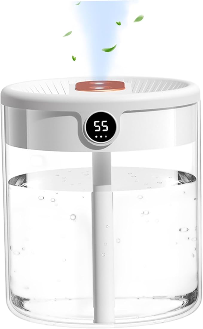 2L Cool Mist Air Humidifier with Humidity Display, 3 Modes, Dual Spray & Light, Silent Diffuser for Bedroom, Baby Nursery, Office, Car & Indoor Plants